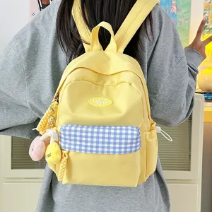 Mini yellow canvas backpack for women cute plaid pocket school bag casual daypack