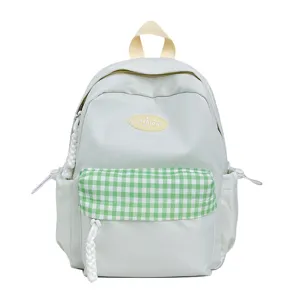 Casual women mini backpack with green plaid pocket, stylish white daily school book bag.