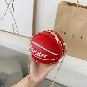 Mini basketball shaped children crossbody bag with chain strap, cute red PU leather coin purse.