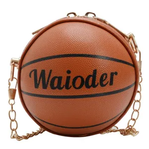 Children's mini basketball shaped crossbody bag with chain strap brown PU leather
