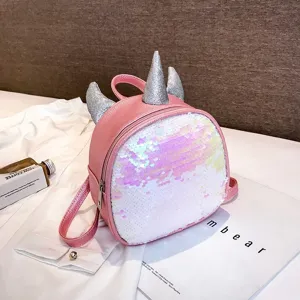 Kids unicorn sequin mini backpack with sparkle horn detail and pink leather for daily cute use.