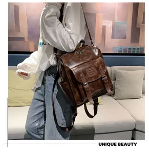 Women retro PU leather backpack large capacity casual school book bag travel daypack brown