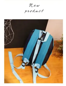 Kids cute dinosaur cartoon kindergarten backpack detail view, light blue mesh straps.