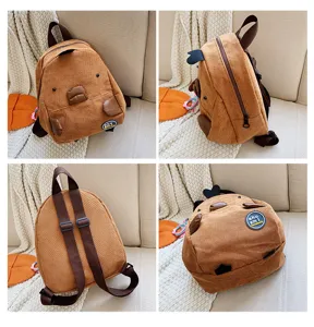 Mini corduroy backpack for women cute cartoon animal student casual bookbag brown daypack