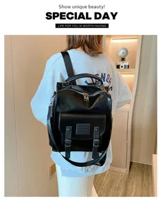 Women black PU leather backpack casual vintage convertible shoulder bag large capacity daily use
