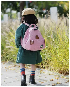 Details of the cute pink corduroy mini cartoon animal backpack, perfect for students and daily wear.