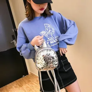 Kids silver sequin mini backpack with cute unicorn horns sparkle children small bag detail