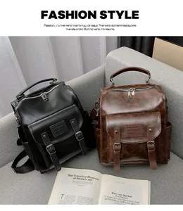 Vintage PU leather backpack for women, large capacity stylish casual school travel bookbag.