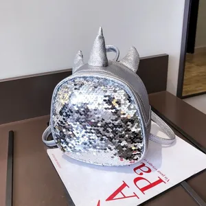 Children silver sequin unicorn backpack cute mini school bag sparkling casual daypack