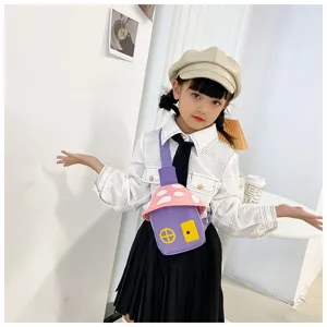 Cute mushroom shaped kids crossbody bag stylish cartoon children chest bag casual canvas purse.
