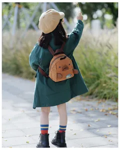 Mini corduroy backpack for kids, cute cartoon animal design, casual mini daypack brown.