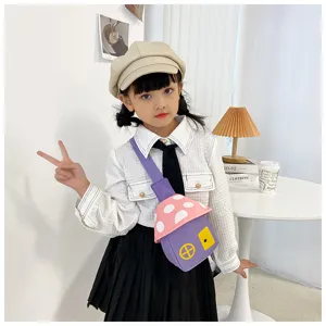 Cute mushroom house children crossbody bag, purple canvas cute cartoon kids shoulder bag details.