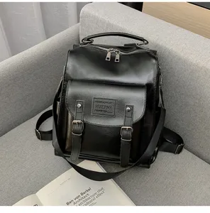 Classic black PU leather women backpack, vintage style large capacity casual daypack travel bag.