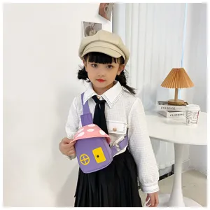 Cute mushroom children chest bag, colorful canvas crossbody bag for kids and girls daily wear.
