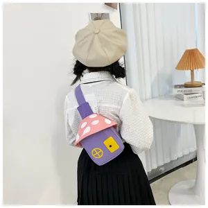 Children cute mushroom sling bag detail view, adorable cartoon chest bag for kids.