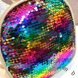 Colorful sequin backpack detail view, vibrant rainbow mini bag for kids and girls.