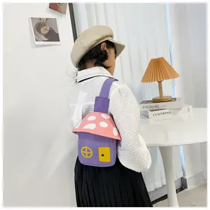 Cute mushroom house children chest bag, lovely pink and purple crossbody bag for kids fashion.