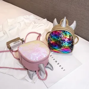 Kids sequin mini backpack with colorful unicorn horn, sparkling daily casual bags for children.