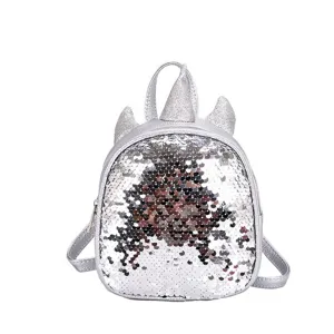 Silver sequin unicorn backpack detail view, cute mini bag for children daily wear style.