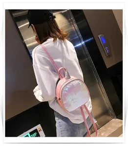Kids pink sequin mini backpack with cute unicorn horn design for daily school and casual travel.