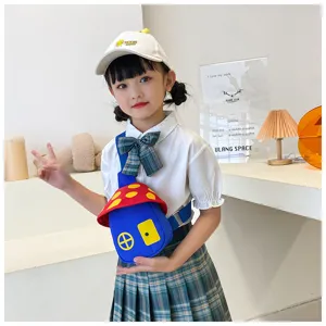 Child wearing cute mushroom shaped crossbody chest bag in detailed scene view, colorful design.
