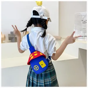 Kids crossbody chest bag, cute mushroom design colorblock fashion casual bag for boys and girls.
