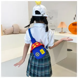 Detailed view of cute mushroom house shaped children crossbody bag in red and blue colors.
