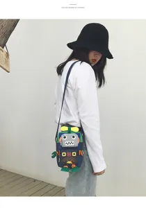 Borsa a tracolla in tela robot cartone animato eccentrico, carina borsa in stile giapponese.