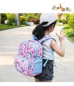 Detailed view of the cute pink unicorn school bag with ice cream and lollipop prints for kids.