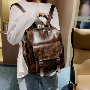 Vintage PU leather women backpack casual large capacity shoulder bag stylish daily travel daypack