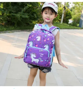 Detailed view of the cute purple unicorn kids school backpack designed for daily use.