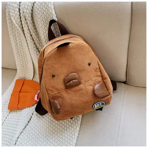 Brown corduroy mini backpack cute cartoon animal design casual daily daypack for students