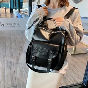 Women vintage black pu leather backpack casual travel school daypack with multi pockets