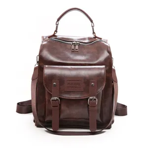Vintage PU leather women backpack large capacity casual shoulder bag daily use daypack