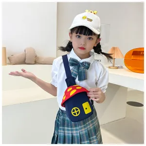 Detailed view of the cute mushroom-shaped children crossbody chest bag with contrast color design.