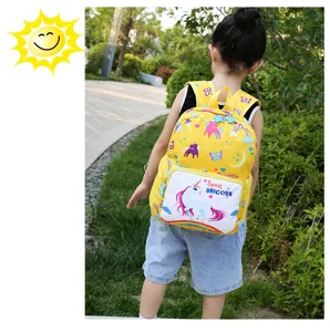 Cute cartoon unicorn kids backpack with front pocket, ideal for kindergarten boys and girls.