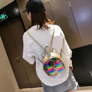 Kids sequin mini backpack with cute unicorn horns and colorful sparkling design for daily use.