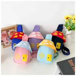 Cute mushroom house kids cross body bag detail showing colorful contrast design and zippers.