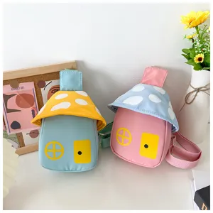 Cute mushroom house crossbody bag for kids, cartoon shoulder chest bag with adjustable strap.