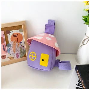 Cute mushroom shape children chest bag, lovely purple canvas crossbody bag with strap.