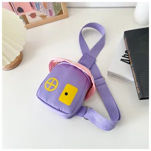 Children cute purple house shape chest bag detail view, kids stylish crossbody bag with strap.