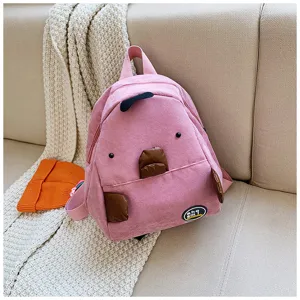Pink corduroy mini backpack with cute cartoon animal design, casual small daypack for students.