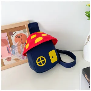 Cute mushroom house kids crossbody bag, color block design, casual chest bag for kids.