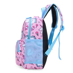 Kids pink unicorn cartoon school backpack side view for kindergarten kids daily use