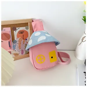 Kids cute pink mushroom shape crossbody chest bag for stylish little boys and girls.