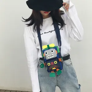 Borsa a tracolla in tela con robot di cartone animato carino per look casual quotidiano.
