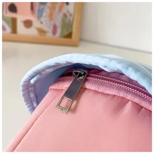 Close-up detail of children bag zipper in pink and light blue color, stylish accessory.