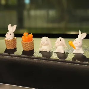 Cute Resin Rabbit Figurine Dashboard Decor Bunny Carrot Basket Set Car Interior Ornaments Automotive Accessories