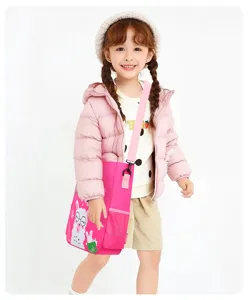 Detail shot showing the cute pink school shoulder bag with lovely cartoon alpaca design.