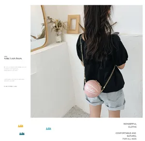 Cute kids basketball cross-body bag with metal chain strap, stylish round coin purse for girls.